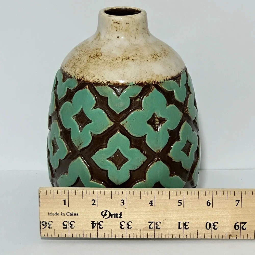 Textured Teal Brown Ceramic Bud Vase Geometric Quatrefoil Boho MCM 6.5 Inch